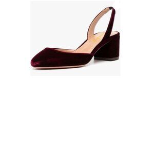 Burgundy Vintage Slingback Closed Almond Toe Pumps Slip On Mid Chunky Block Heel